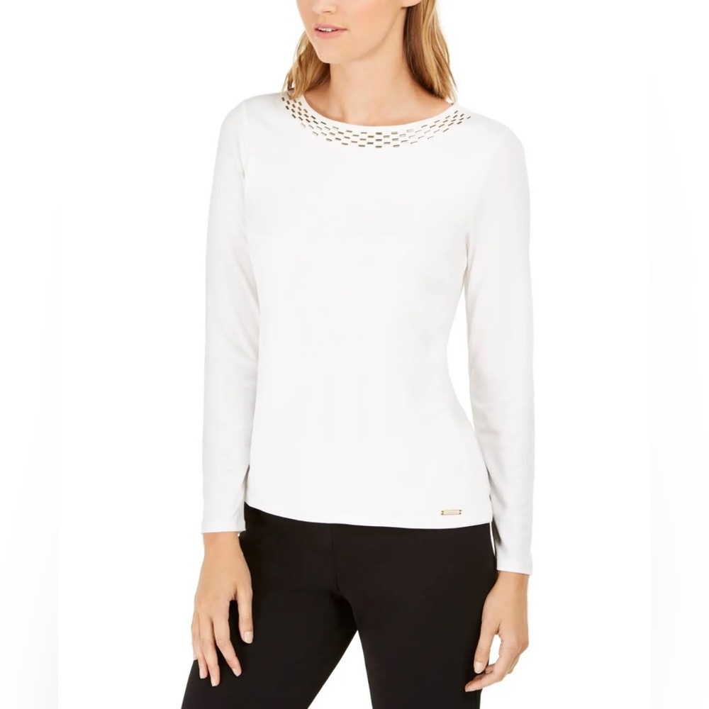NWT Calvin Klein Women's Embellished Neck Top White Size Medium